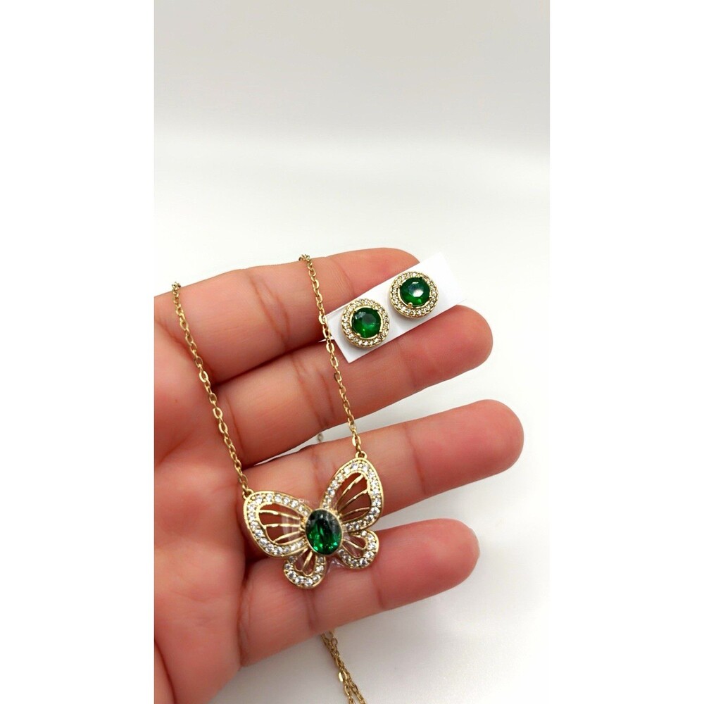 Yellow Gold Plated Butterfly Jewelry Set Green Crystal Necklace & Stud Earrings